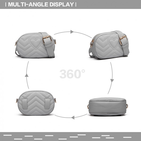 LH6834 - Miss Lulu Quilted Heart and Chevron Cross Body and Bum Bag - Grey